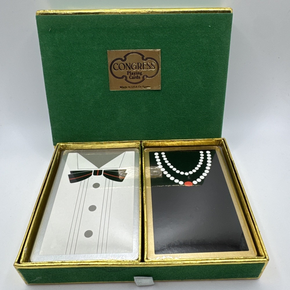 Vintage Congress Pinochle Playing Cards Double Deck Sealed His & Hers Green Case